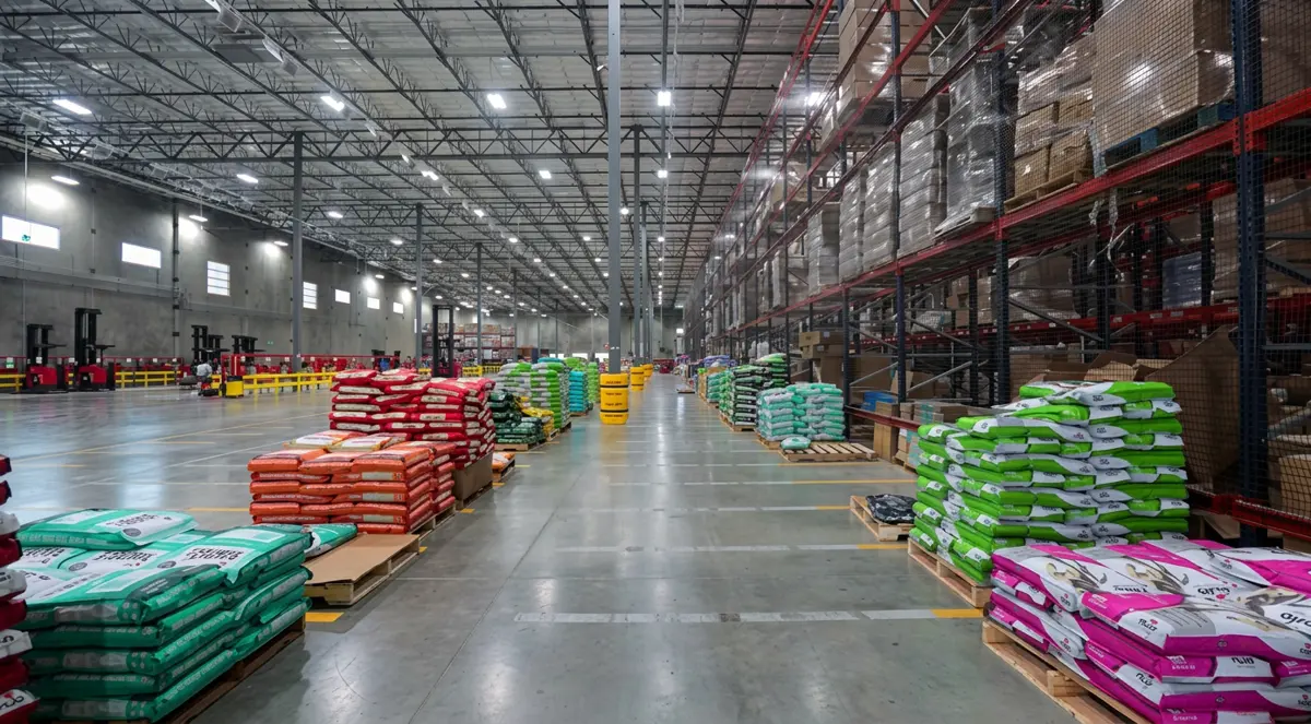 Pallets of pet food on the Prime Haven Market distribution center floor